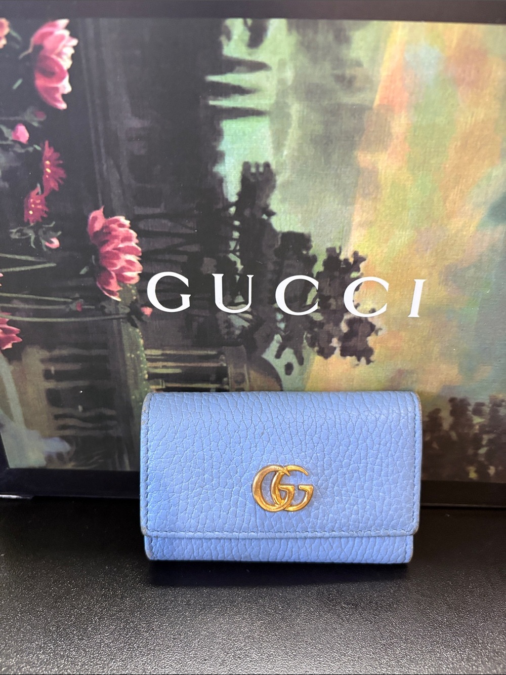 Gucci💙SkyBlue Pebbled Leather Key-holder Wallet W/Double G Gold -GUC - Picture 12 of 12